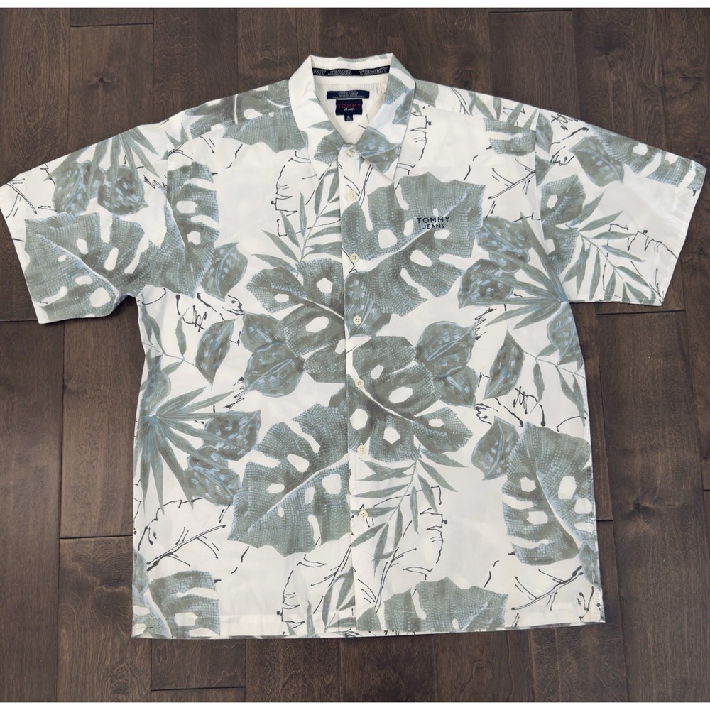 Tommy Jeans Hilfiger White Floral Shirt‎ Mens Size XL Button Down Short Sleeve